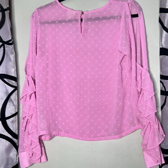 A New Day Pink Swiss Dot Blouse Cold Shoulder Ruffles Long Sleeve XS New - Picture 9 of 10